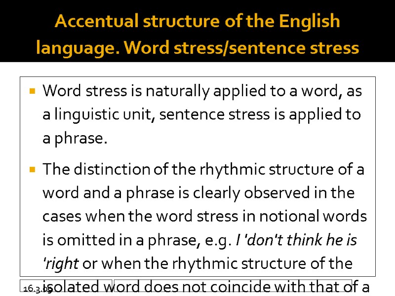 16.3.09 Accentual structure of the English language. Word stress/sentence stress Word stress is naturally